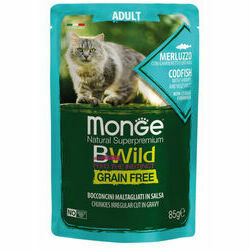 MONGE BWILD pouches Cat ADULT Codfish with shrimps,vegetables 85 g  - konservi kaķiem
